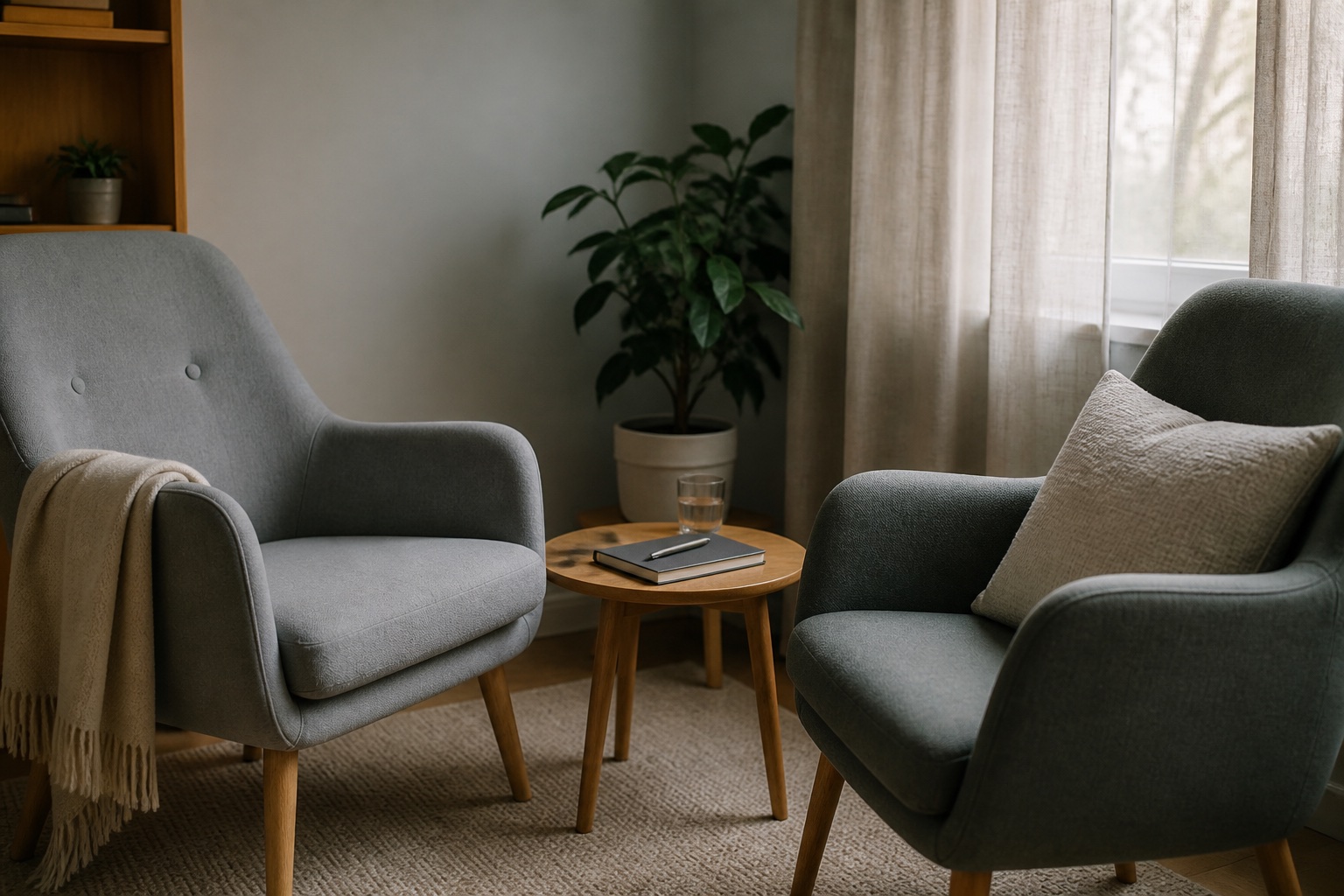 A quiet contemporary counselling room prepared for a first conversation