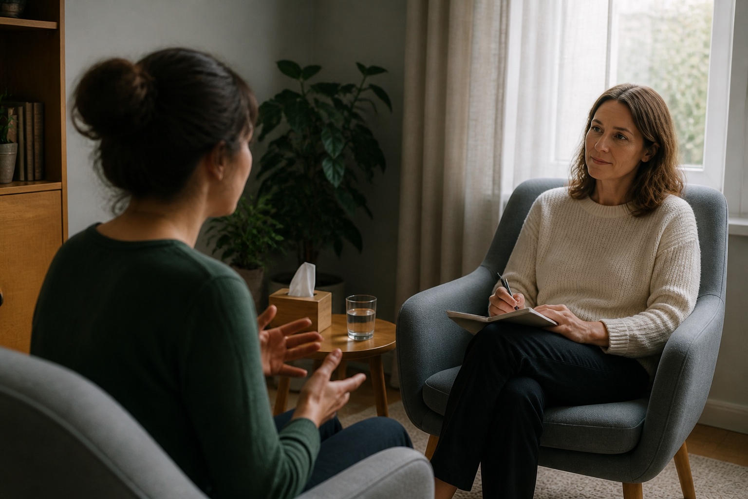 A fictional first counselling conversation in natural window light