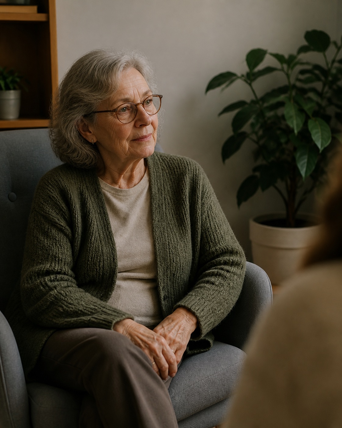 An older adult in a fictional reflective conversation