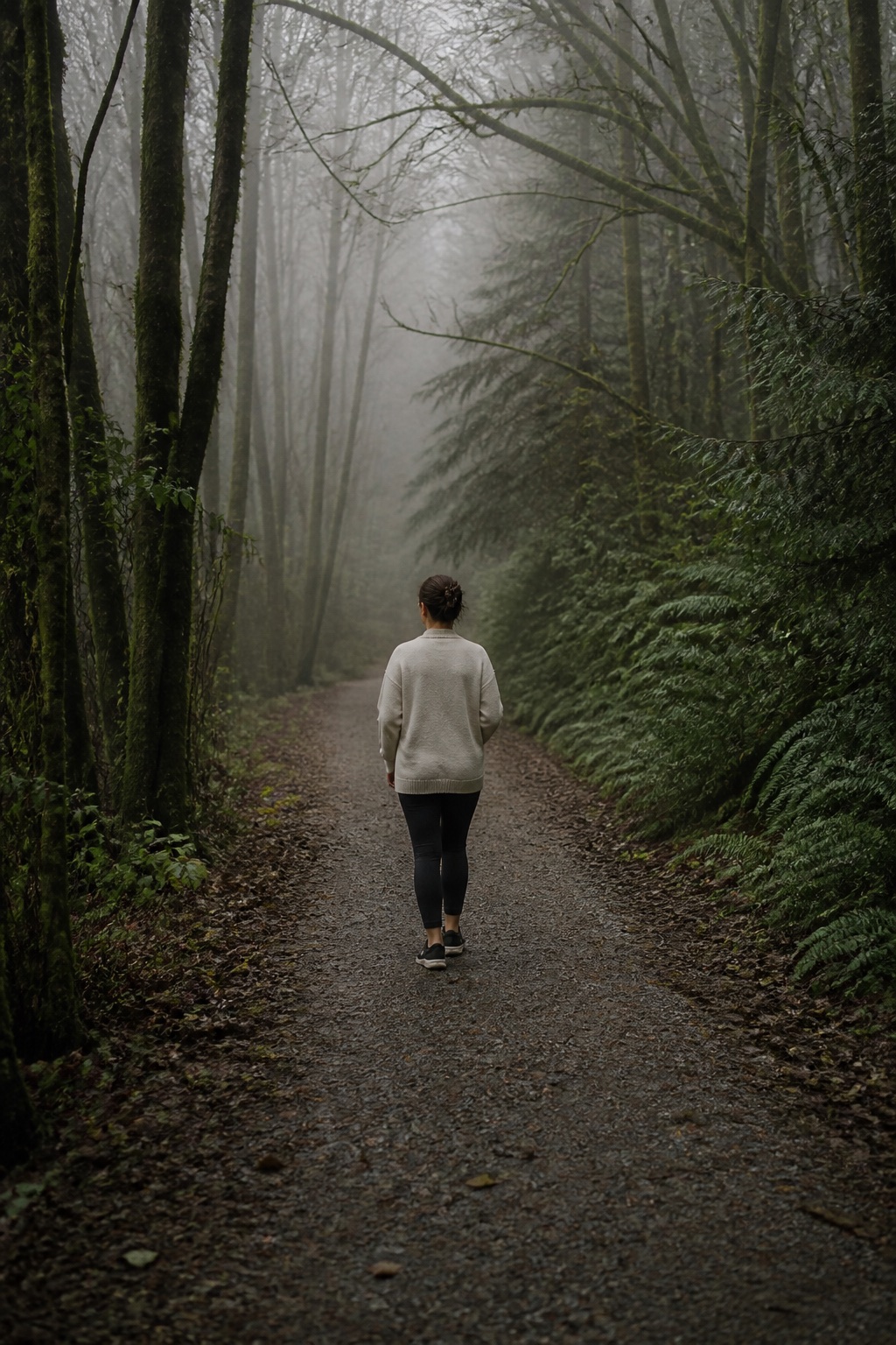 An adult walking slowly along a quiet wooded path