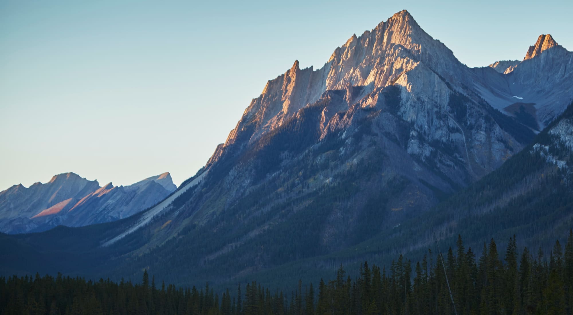 Late sun catching a Rocky Mountain ridge above a dark spruce forest