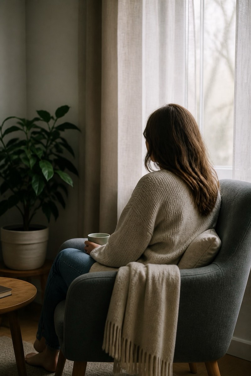 An adult taking a quiet pause by a softly lit window