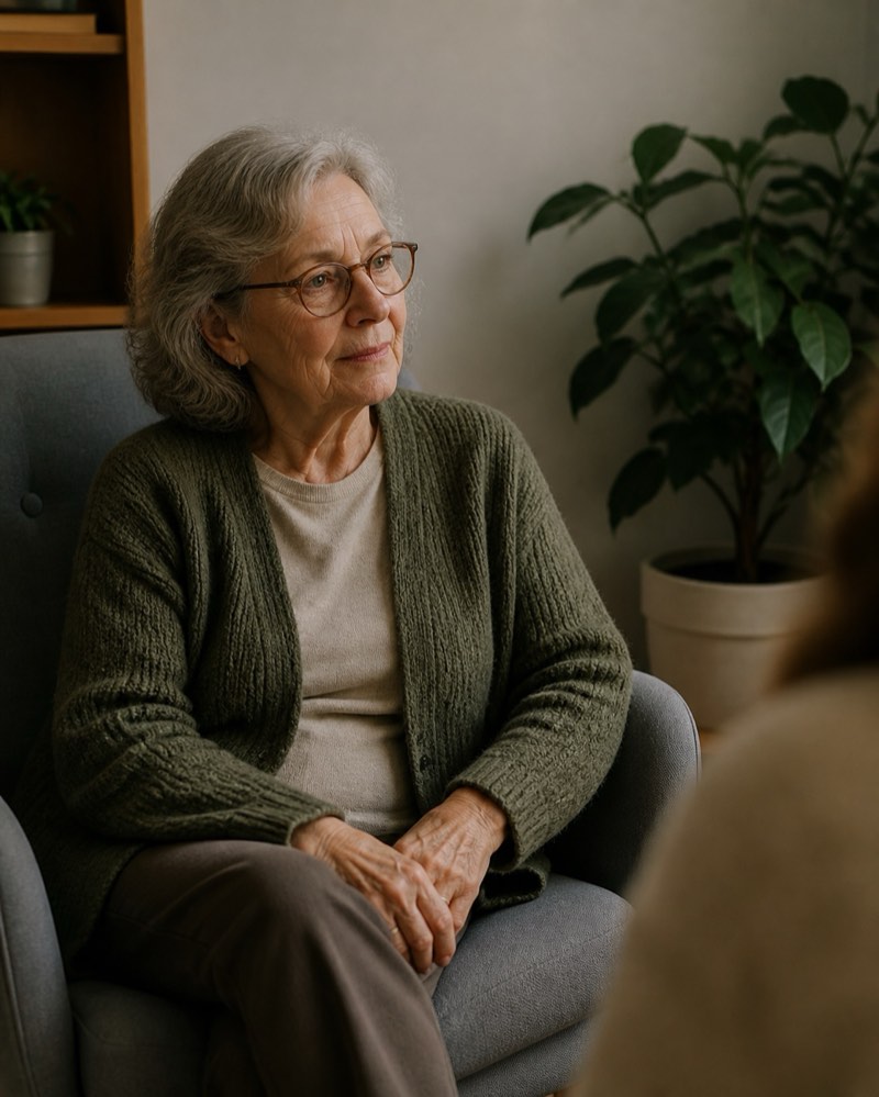 An older adult listening in a quiet room