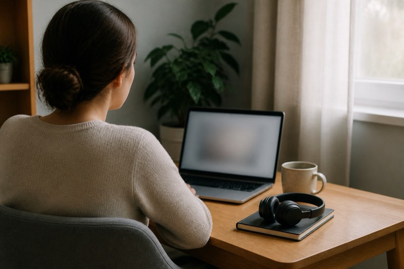 A private online conversation setup beside a window