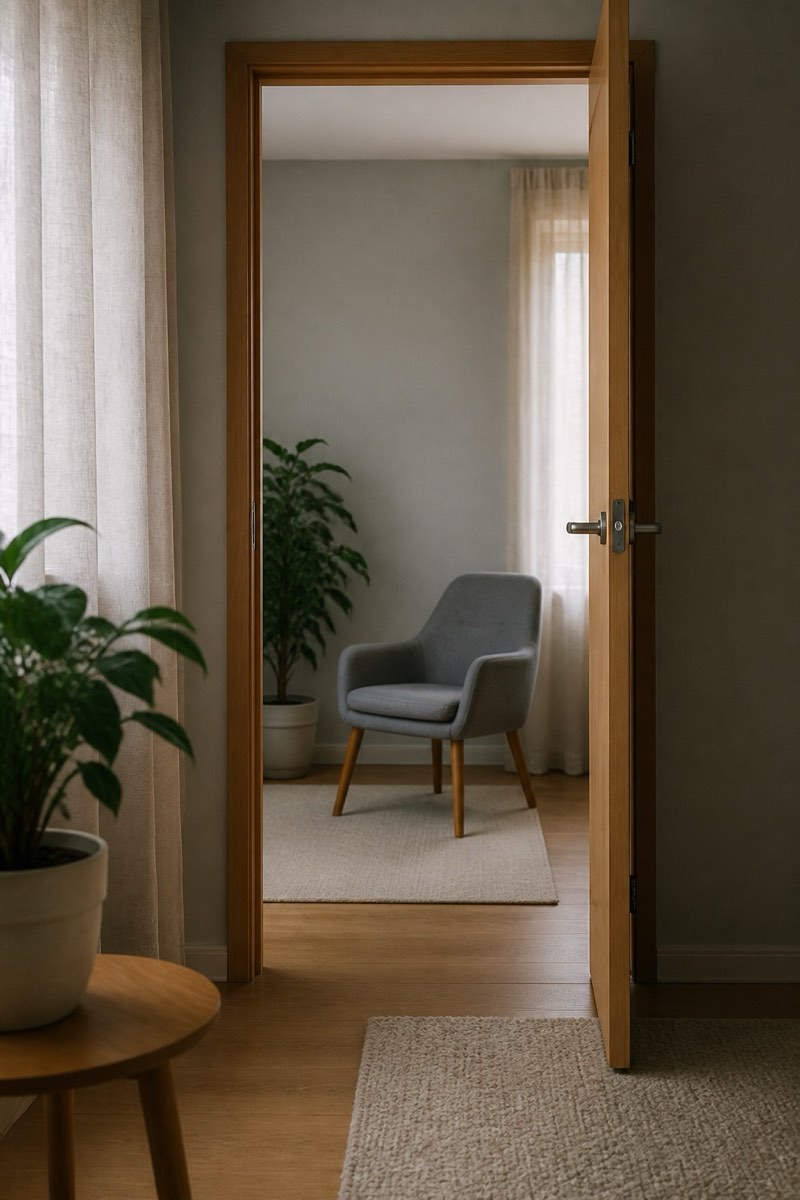 An open doorway into a quiet consultation room